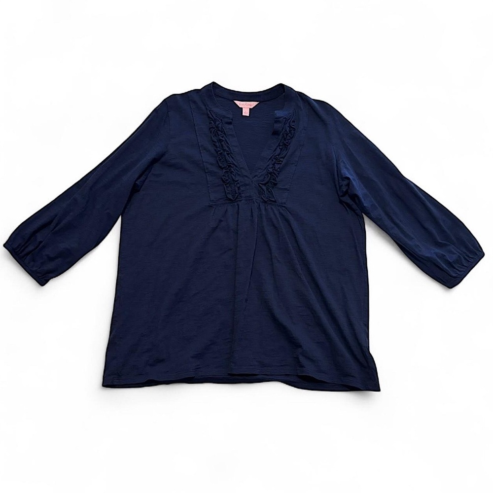 Lilly Pulitzer Women's Large Ruffle Blouse V Neck 3/4 Sleeve Navy FLAW